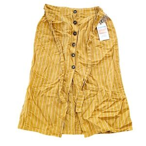 Cali 1850 Yellow Striped Button Front Tie Waist Midi Skirt‎ Size L